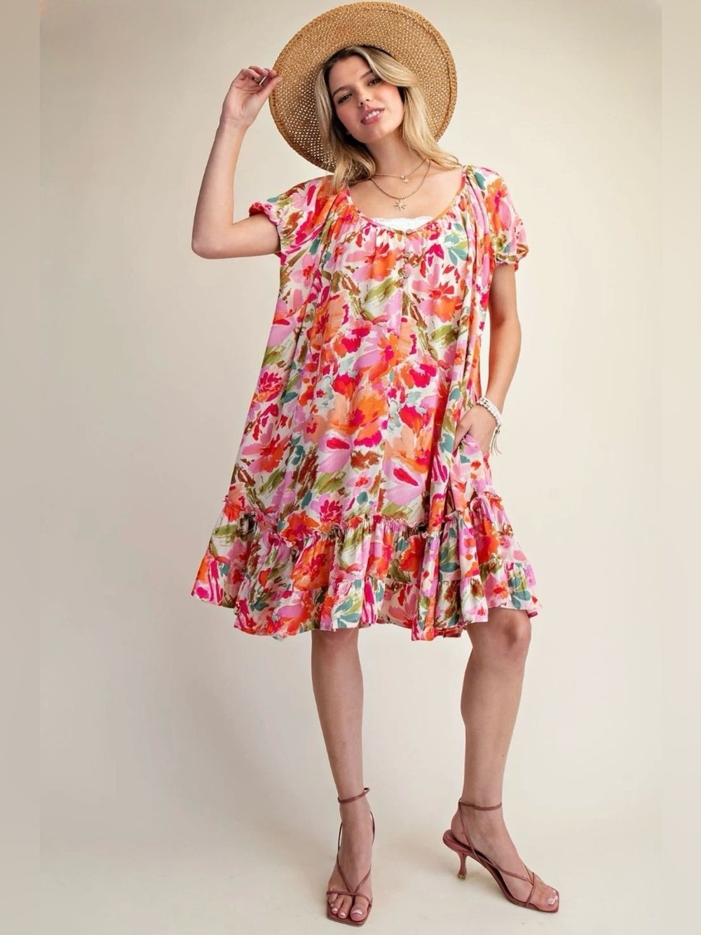 Easel Coral Printed Rayon Gauze Ruffle Bottom Dress Oversized NWT Size Small